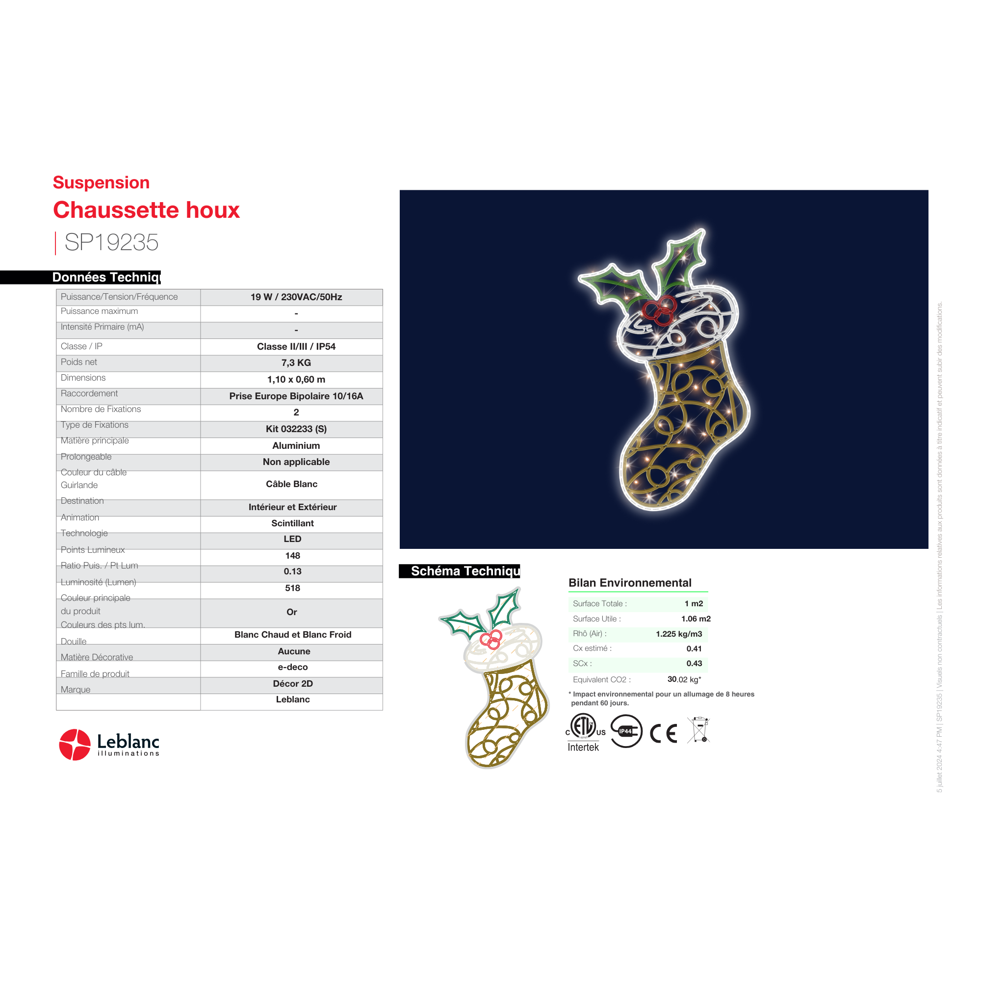 Décor de noël suspension 2D Chaussette houx H1,1 x L0,6m